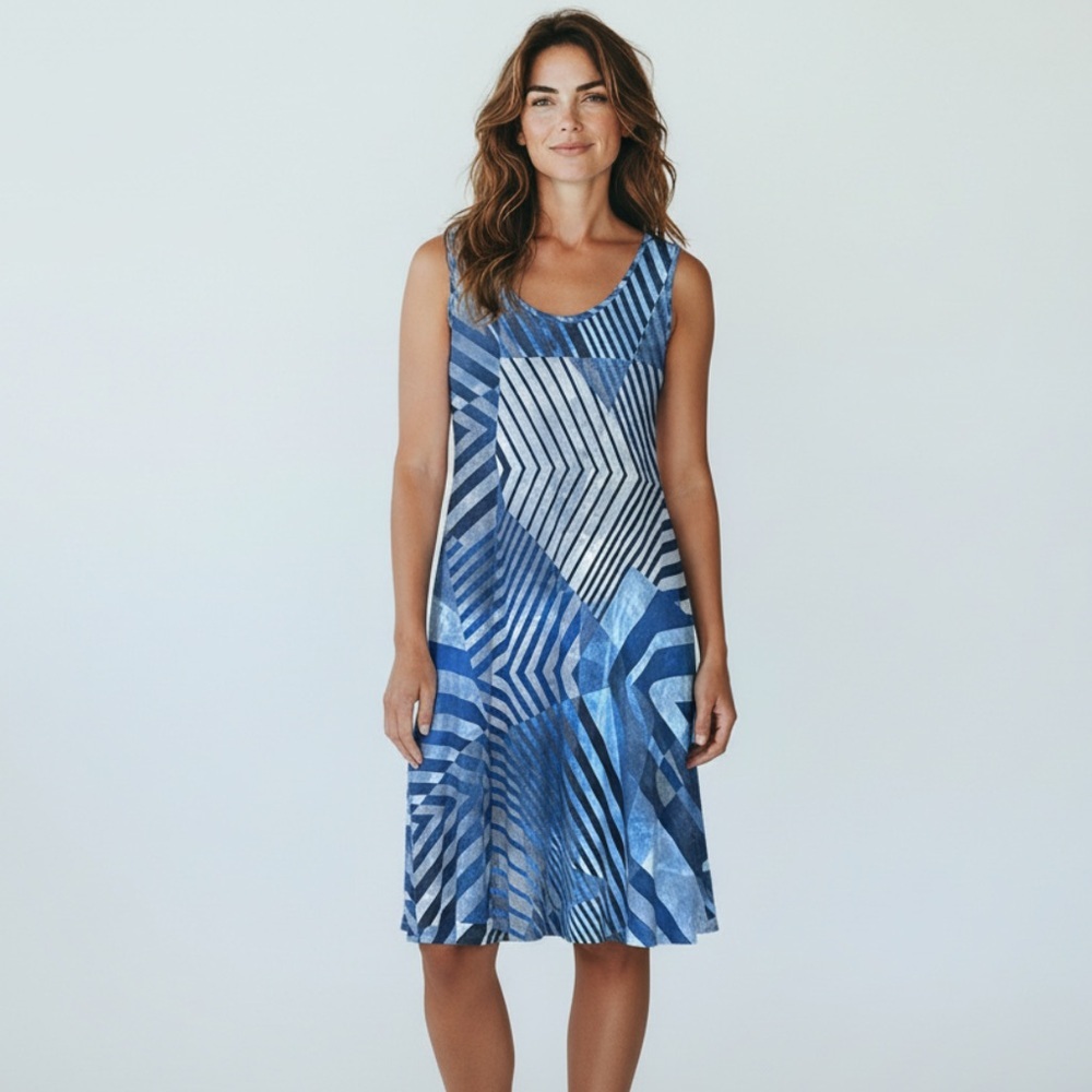 Carre Noir Abstract Geometric Print Sleeveless Knee Length Swing Dress Large
